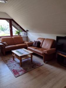 a living room with a brown leather couch and a coffee table at Burgenwelt im wilden Süden in Münsingen