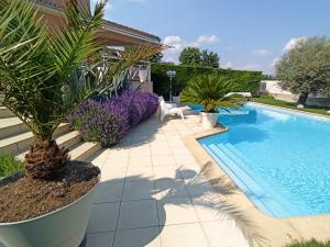 a swimming pool with plants next to a house at villa josepha in Cournon-dʼAuvergne