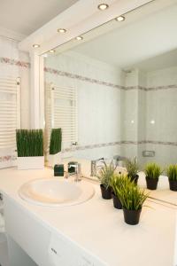 a bathroom with a sink and a large mirror at City Chic Apartments in Limenas +26 photos