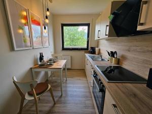 uma cozinha com uma mesa, um lavatório e um fogão em Ferienwohnung Bergblick - a66742 em Bad Sachsa