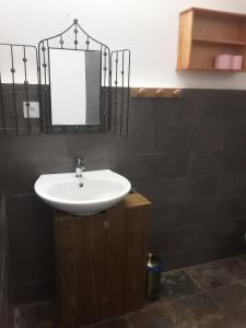 ein Badezimmer mit einem weißen Waschbecken und einem Spiegel in der Unterkunft Le Tuléar - Aux 4 coins du monde in Saint-Pierre