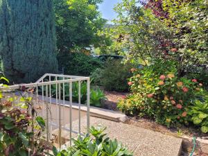 a garden with a gate and some flowers and a tree at Ferienwohnung Riesling in Bobenheim am Berg