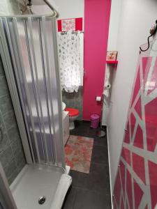 a bathroom with a shower and a pink wall at Mq 36 in Marsala