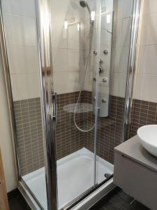La salle de bains est pourvue d'une douche avec une porte en verre. dans l'établissement Maison du domaine de la petitière, à Bonneville-la-Louvet