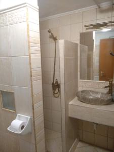 een badkamer met een wastafel en een spiegel bij Gréti Apartman in Sárospatak