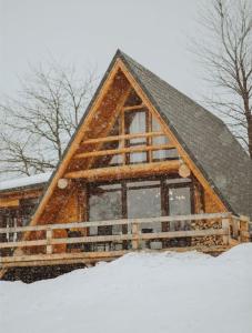 a log cabin in the snow with a roof at Aframehouse in Şurdeşti