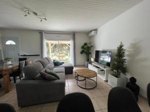 uma sala de estar com um sofá e uma mesa em Agréable maison de vacances em Soustons