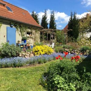 einen Garten mit bunten Blumen vor einem Haus in der Unterkunft Ferienhaus Namatiri in Putbus