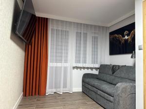 ein Wohnzimmer mit einem Sofa und einem Fenster in der Unterkunft Apartament Na Wzgórzu in Iwonicz-Zdrój