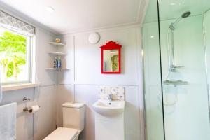 a bathroom with a toilet and a sink and a shower at Cottage Orné in Long Bredy