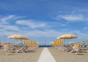 uma fila de cadeiras e guarda-sóis na praia em Alba sul Mare em Lido di Camaiore