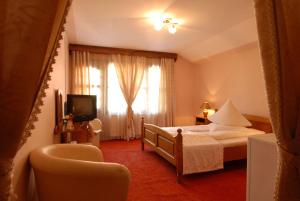 a bedroom with a bed and a television and a window at Villa Hera in Băile Herculane