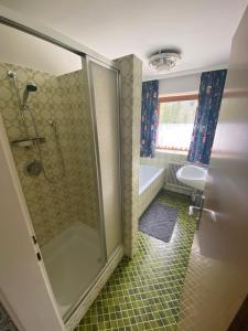 a bathroom with a shower and a tub and a sink at Haus Tanne Abtenau in Abtenau