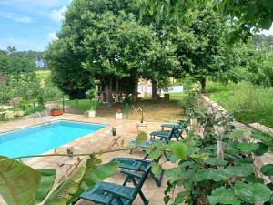 un grupo de sillas azules junto a una piscina en A Quinta Das Maceiras, 