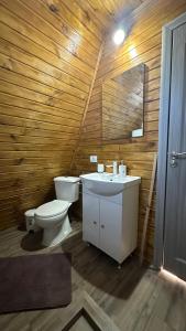 ein Holzbadezimmer mit einem WC und einem Waschbecken in der Unterkunft Casa de lemn 2,Tip A in Corbu