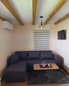 Palanačka Avlija 1 في Ripanj: غرفة معيشة مع أريكة زرقاء وطاولة