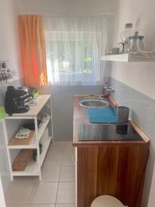 a small kitchen with a sink and a counter at Gombi nyaraló in Vonyarcvashegy