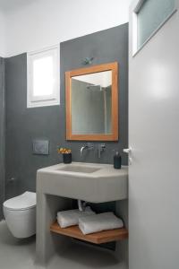 a bathroom with a sink and a toilet and a mirror at Firoa Studios in Donoussa