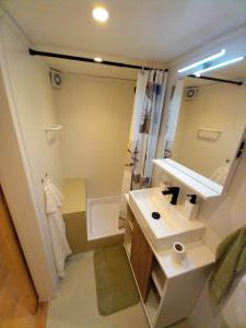 a bathroom with a sink and a mirror at RABSKI DVOR in Rab