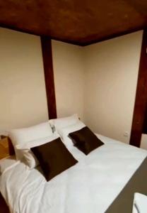 um quarto com uma cama branca e 2 almofadas em Palanačka Avlija 3 em Ripanj