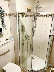 a bathroom with a glass shower with a toilet at Zuhause im Ruhrgebiet 2 mit Balkon in Oberhausen
