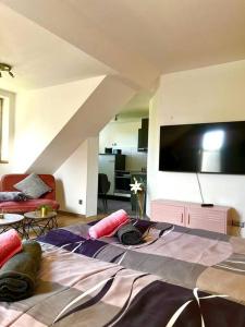 1 dormitorio con 1 cama grande y TV de pantalla plana grande en Zuhause im Ruhrgebiet 2 mit Balkon en Oberhausen