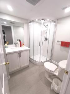 een badkamer met een douche, een toilet en een wastafel bij Perfect location comfort private house lower level 2 bedroom unit in Mississauga