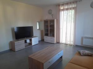 ein Wohnzimmer mit einem Flachbild-TV und einem Sofa in der Unterkunft Maison T3 70M2 avec jardin in Lattes