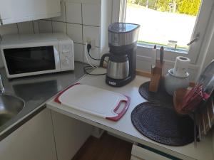 a kitchen counter with a blender and a microwave at Studio Helmi in Taalintehdas
