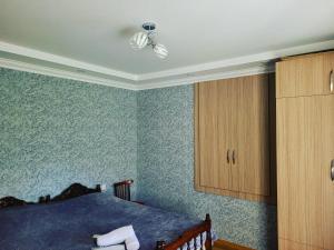 a bedroom with a bed with blue walls and a ceiling at Family hotel mountain panorama in Borjomi