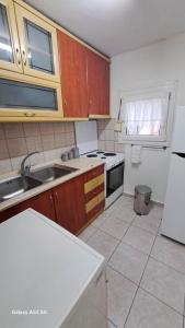a kitchen with wooden cabinets and a white refrigerator at Madeline house in Kavala