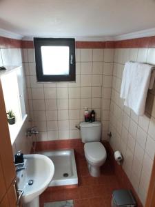 a bathroom with a toilet and a sink and a window at Vaikouzis Houses in Samothráki