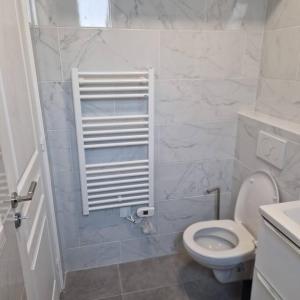 a white bathroom with a toilet and a sink at appartement à 20 minutes de Paris St Lazare et Stade de France in Sannois