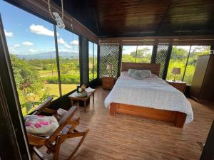 a bedroom with a bed and a large window at Pitangus Lodge in Chachagua