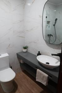 bagno con lavandino, servizi igienici e specchio di Sun House Belem -Free Paking and View Tower a Lisbona