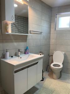 La salle de bains est pourvue d'un lavabo blanc et de toilettes. dans l'établissement Villa Alexandros, à Amoliani