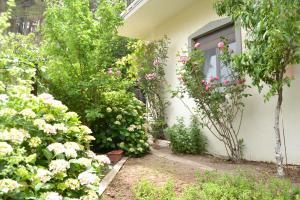 uma casa com flores em frente a uma janela em Lazatka flat in capital Chora em Samothráki