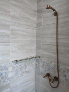 La salle de bains est pourvue d'une douche et de carrelage bleu et blanc. dans l'établissement Casa Traditionala Clisciova, à Murighiol