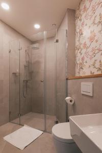 a bathroom with a shower with a toilet and a sink at MischMasch Appartement in Deutschlandsberg