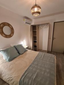 1 dormitorio con 1 cama grande y espejo en Chambre d'hôtes Corse Villa Moorea chez l'habitant, en Ventiseri