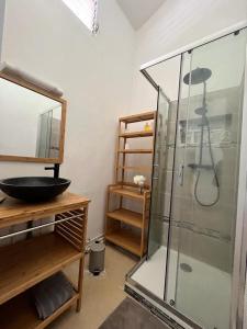 La salle de bains est pourvue d'une douche en verre et d'un lavabo. dans l'établissement Maison Bel bonjou, au Marin