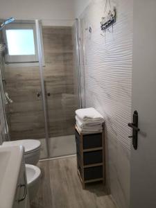 een badkamer met een douche, een toilet en een wastafel bij Attico con terrazzo Gallipoli in Galatina