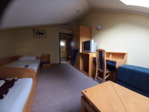 a room with a bed and a desk and a couch at Garni Hotel Lupus in Kanjiža