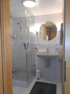 een badkamer met een douche en een wastafel bij Antoniushof in Sulzberg
