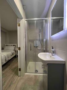 een badkamer met een douche, een wastafel en een bed bij “The Art House 6” Galway, Woodquay in Galway