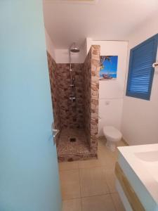 a bathroom with a shower with a stone wall at West Indies in Caritan