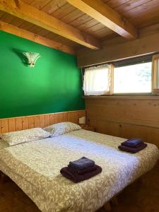 a bedroom with a bed with a green wall at Appartamento Fronte Piste in Auronzo di Cadore