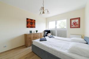 a bedroom with a large bed and a window at Apartament Marinus ProstyWynajem Gdańsk Brzeźno in Gdańsk
