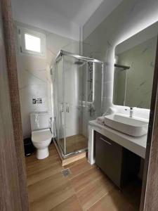 a bathroom with a shower and a toilet and a sink at •Naiades Villas• Odysseus• in Ladharió +47 photos