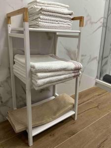 einen Handtuchhalter mit Handtüchern im Bad in der Unterkunft Appartamento Luminoso Domus EUR in Rom